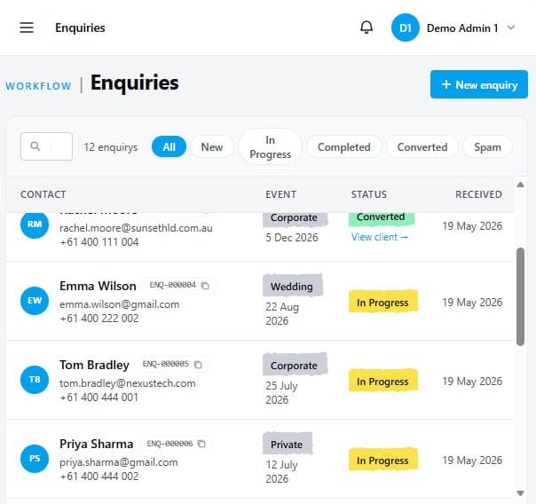Enquiry management view