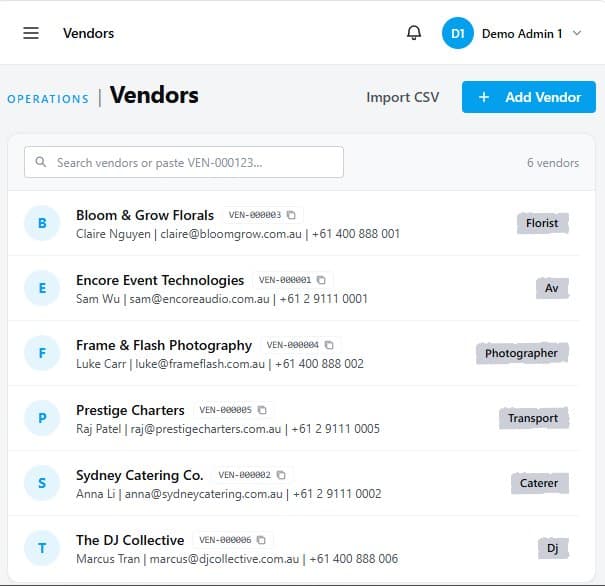Vendor management view